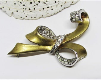 High End Vintage 1930s PENNINO Gold Bow Brooch, Elegant Rhinestone Silver Ribbon Pin, Antique Art Deco Jewelry, Wedding Bridal Something Old