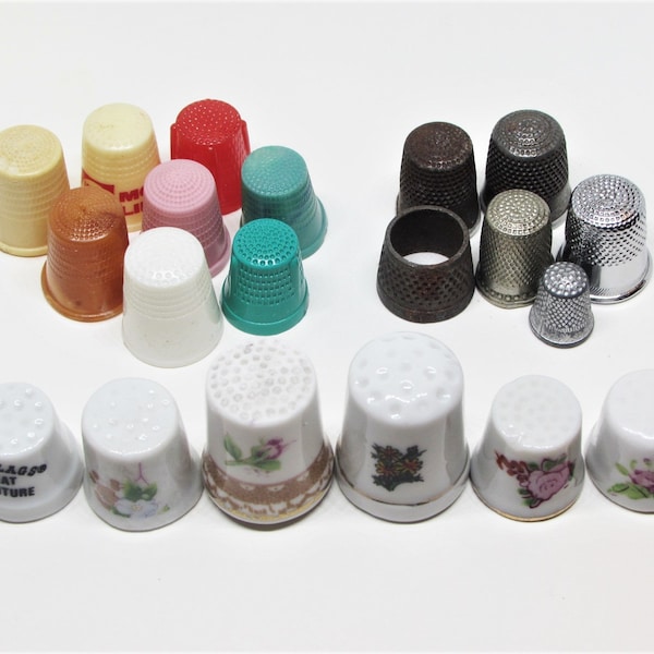 Lot of 20 Vintage Sewing Thimbles- Ceramic Porcelain China- Floral Rose Flowers- Colorful Plastic- Silver Metal- Bulk Sewing Supplies