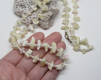 Vintage Long Cream & Pink Puka Shell Necklace, Faux Seed Pearl Beads, Hippie Boho Bohemian, 1970s Tropical Resort Beach Jewelry