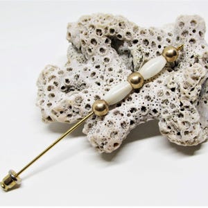 Vintage White Mother of Pearl Shell Bead Gold Stick Pin- Mens Jacket Lapel, Cravat, Tie- Womens Hat, Scarf, Shrug, Shawl Pin- 1950s Jewelry