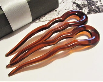 Set of 2 Vintage 1970's FRENCH Amber Brown Hair Forks, 4" U-Shaped Plastic Hair Combs, Updo Twist Chignon Bun Pin, Made in France Accessory