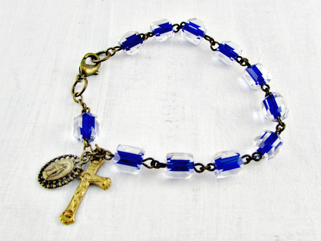 Vintage Catholic Rosary Bracelet Blue Crystal Rosary Etsy