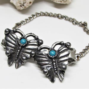 Vintage Butterfly Sweater Guard Clip, Silver Plated, Turquoise Blue Beads, Shawl Clasp Cardigan Clip Collar Chain, 1950s Rockabilly Jewelry