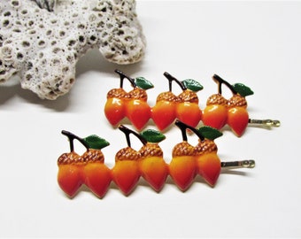 Vintage 1960s Orange Acorn Bobby Pin Set of 2- Fall Autumn Decorative Bun Hair Pins- Kawaii Cute Barrettes Kids Girls- Womens Hair Accessory