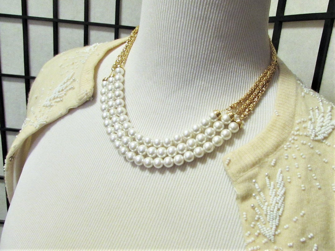 Vintage 1990's Designer Anne Kline Faux Pearl & Gold Byzantine Chain ...