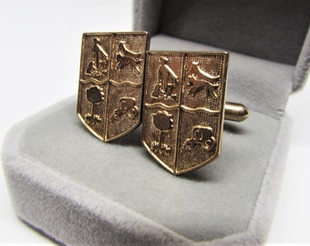 Vintage Gold Shield Cuff-Links- Navy Military Patriotic- Heraldic Coat of Arms Crest- Anchor Dog Tree Wagon- 1960s Mens Jewelry Gift for Dad