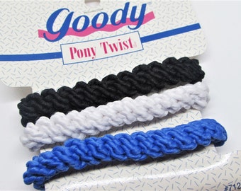 Vintage 1993 GOODY "Pony Twists" Ponytail Holders- Black White Royal Blue Fabric Elastic Tie Bands- NOS Deadstock NIP- Womens Accessory