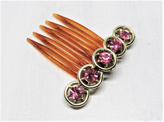 Vintage Pink Rhinestone Hair Comb, Gold Circle Ha… - image 1