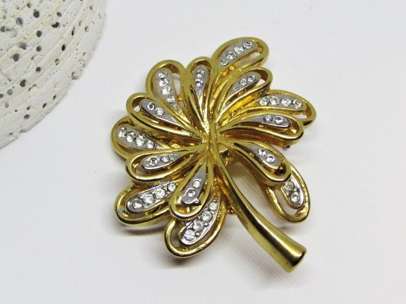 Bijoux Vintage Tree Brooch, Fancy Two-Tone Gold & Silver, Rhinestone Crystal, Leaf Cluster Pin 1970s Art Nouveau Jewelry Nature Lover Gift image 1