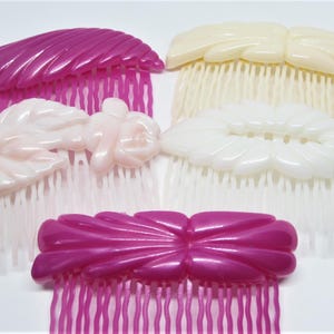 Set of 5 Pretty Vintage 1980s Decorative Hair Combs- Hot Pink, Cream & White Side Combs- Hong Kong- Spring Summer Hair Accessory for Women
