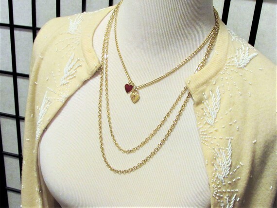 Vintage Layered Heart Charm Necklace, Triple Multi-strand