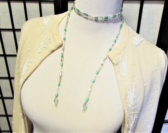 Antique 1920s Long 56" Glass Seed Beaded Sautoir Lariet Necklace, Clear Crystals, Green Silver Oval Beads, Vintage Art Deco Flapper Jewelry