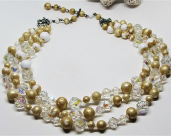 Vintage Gold Beaded Choker Necklace, White Milk Glass, Faceted Crystals, Triple Multi-Strand Necklace, 1950s Wedding Bridal Costume Jewelry