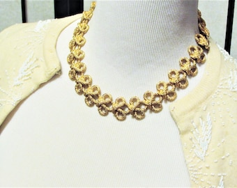 Vintage Bold Gold Knot Collar Choker Necklace, Unique Heavy Chunky Wide Chain, 1960s Mid-Century Modern Statement Holiday Party Jewelry