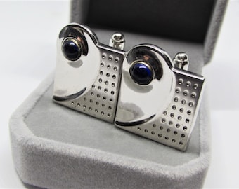 Vintage ANSON Bullet Cuff-Links- Royal Blue Glass- Silver Geometric Square- Mid-Century Modern Modernist- 1960s Mens Designer Jewelry Gift