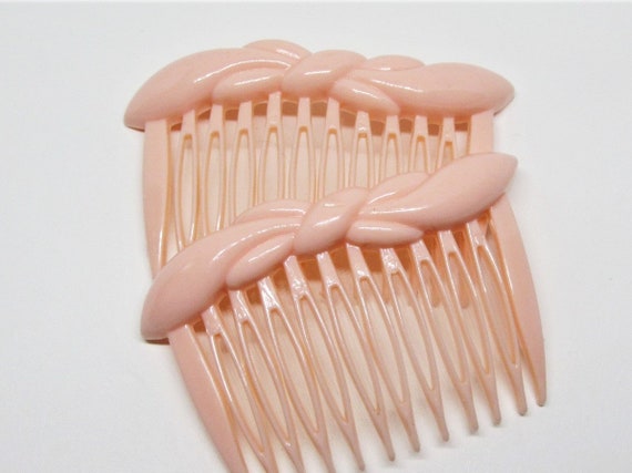 Vintage 1980s Bow Hair Side Comb Set of 2- Peach,… - image 3