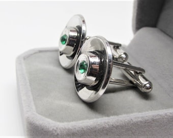 Vintage HICKOCK Silver Bullet Cuff-Links- Emerald Green Crystal- Geometric Circle- Mid-Century Modern Modernist- 1960s Men Designer Jewelry