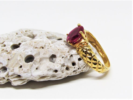 Vintage Designer LIND Simulated Ruby Ring, Red Ov… - image 3