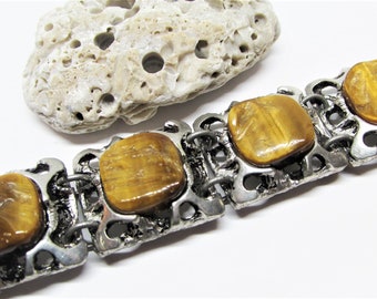 Vintage 1960s Brutalist Tigers Eye Stone Bracelet, Natural Gemstone Cubes, Chunky Wide Silver Filigree Squares, Modernist Statement Jewelry