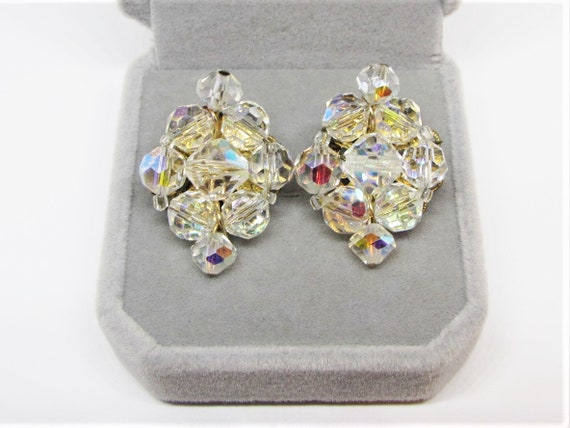 Elegant Vintage Crystal Cluster Earrings, AB Clea… - image 2