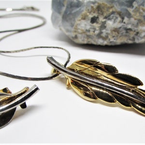 Vintage Gold & Silver Leaf Jewelry Set, Two Tone Mixed Metals, Fall Leaf Pendant Necklace, Pierced Stud Drop Earrings, 1970s Autumn Jewelry image 4