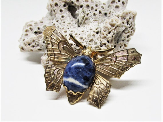 Vintage Blue Sodalite Stone Butterfly Brooch Pin,… - image 1