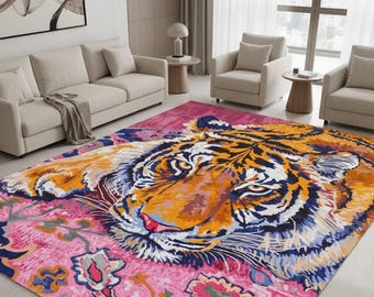 Maximalist Tiger Rug, Pink Area Rug, Large Animal Print Mat, Boho Home Decor, Custom 3D Printed Rug, Unique Living Room Gift,Colorful Carpet