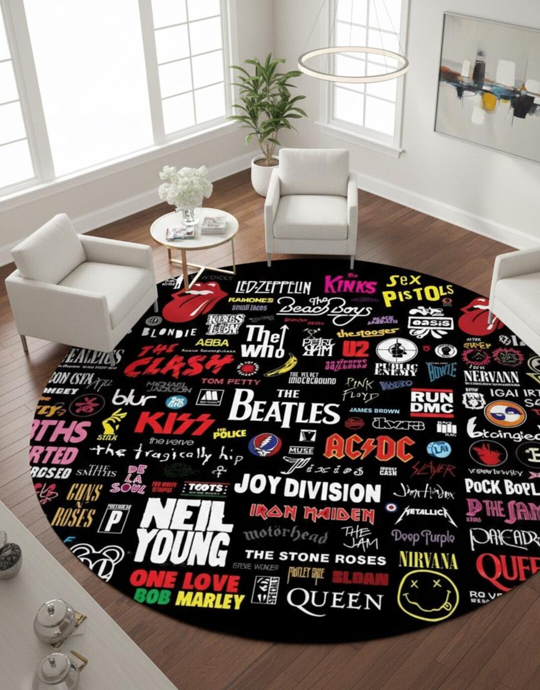 Rock Band Logo Round Rug, Music Lovers Decor, Retro Rock Style Rug ...