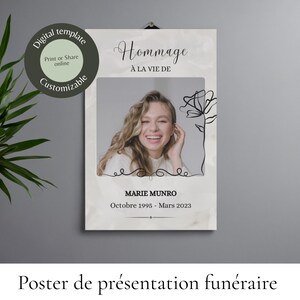 May include: A customizable digital template poster with the text "Hommage À LA VIE DE" and a photo of a smiling woman. The poster includes the name "MARIE MUNRO" and dates "Octobre 1995 - Mars 2023". The poster is designed for online sharing or printing.