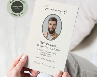 May include: A memorial card held by hands, featuring a photo of Pierre Dupont, with dates October 1995 - March 2023. The card includes the text "In memory of" and details for St. Matthew's Community Church. The card is a digital template, customizable for print or online use.