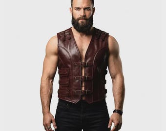 Men's Burgundy Leather Biker Vest, Buckle Front Gothic Steampunk Waistcoat