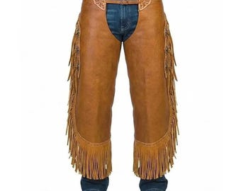 Men's Brown Leather Western Chaps, Handmade Fringe Cowboy Chaps, Genuine Leather Rodeo Chinks, Motorcycle Riding Chaps