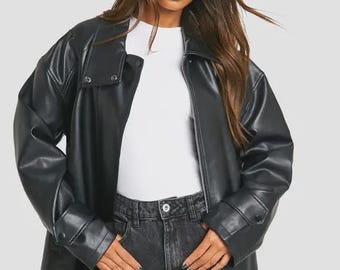 Black Leather Trench Coat for Women - Jacket for Her - handmade biker jacket