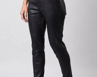Damen Lammfell Lederhose in schwarz - Echtleder Reißverschlusshose, handgefertigte, lässige Slim Fit