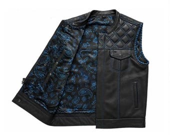 Men's Black Leather Motorcycle Vest | Genuine Biker Waistcoat