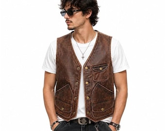 Men's Vintage Brown Leather Vest | Genuine Biker Motorcycle Waistcoat