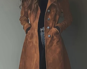 Elegant retro läderkappa för kvinnor - Långa formella och vardagliga ytterkläder, knappstängning framtill - Beställningsvara