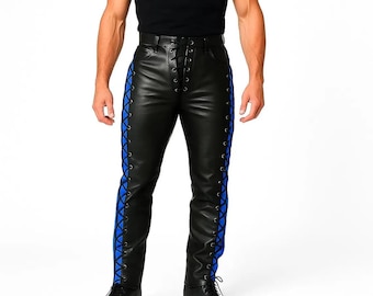 Schwarze Lederhose für Herren mit blauer seitlicher Schnürung | Handgemachte Gothic Biker Hose | Kundenspezifische Passform