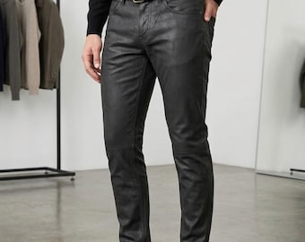 Men Black Coated Jeans Slim Fit Leather Look Pants Skinny Biker Trousers  Streetwear Pants