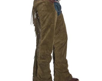 Men's Brown Suede Leather Chaps, Western Cowboy Fringe, Handmade Motorcycle Rodeo