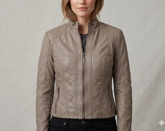 Women's Genuine Leather Moto Jacket, Taupe Leather Jacket Fitted Biker Jacket Zip Front Jacket