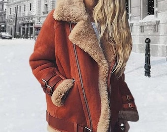 Shearling biker women jacket - luxurious women's suede leather jacket - Leather Coat for Women with Shearling - Made to Order