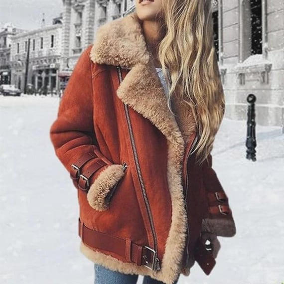 Shearling Suede Biker Jacket - Women's Leather Coat