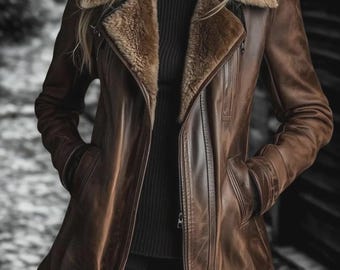 Handgefertigter Brauner Leder Trenchcoat - Stylische Damen Oberbekleidung- Made to Order