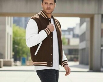 Custom Brown & White Embroidered Varsity Jacket