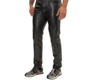 Herren schwarze echte Rindsleder Bikerhose - Slim Fit Motorradlederjeans mit Taschen