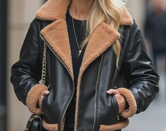 Handgefertigte schwarze Shearling Lammfell Fliegerjacke | Damen Wintermantel