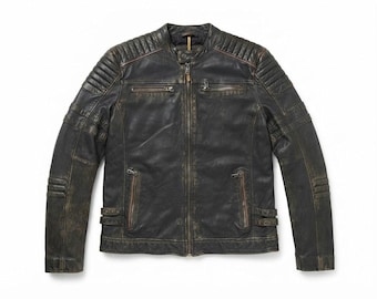 Men's Distressed Black Leather Jacket | Genuine Cafe Racer Biker Coat