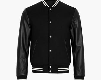 Herren Schwarz Wolle Varsity Jacke - Leder Ärmel, Made to Order