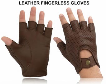 Men's Brown Leather Fingerless Gloves | Driving Motorcycle Cycling Perforated Snap Wrist
